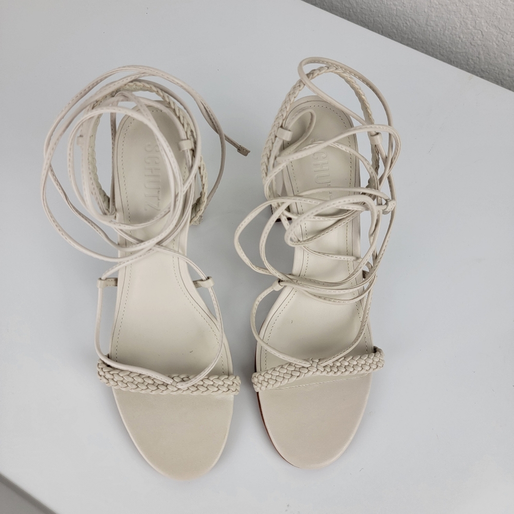 New SCHUTZ Maxima Leather Strappy Braided Wrap Block Heel White Ivory 7.5 - Picture 7 of 12